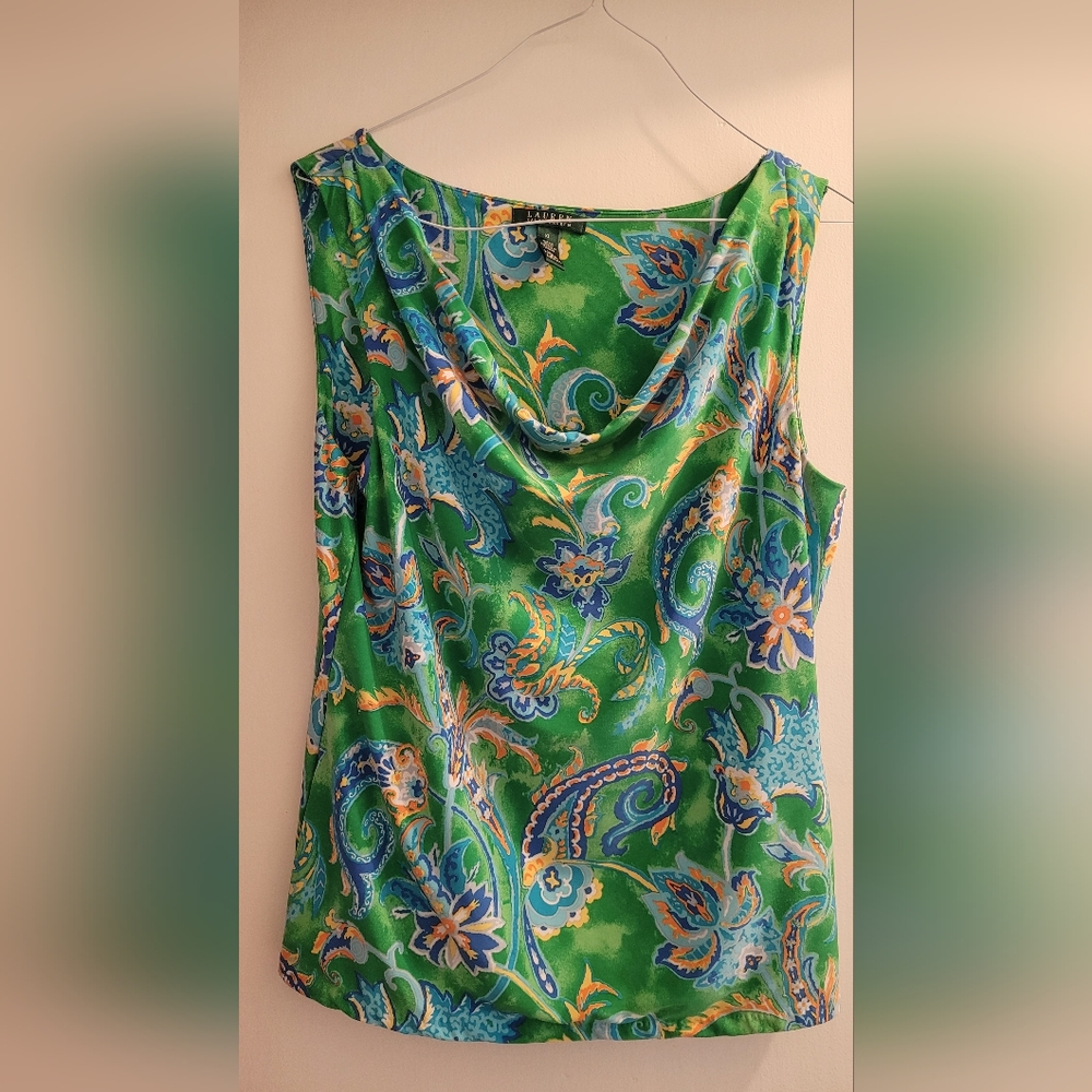 Lauren Ralph Lauren Green Paisley Print Cowl Neck Sleeveless Blouse